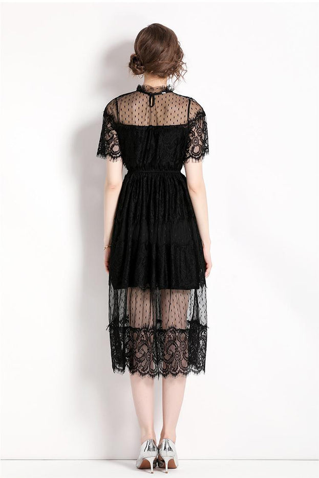 Lace stitching Mesh Yarn Waist Slimming Short Sleeve Long Dress