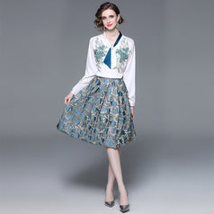 Women's Fashion Applique Embroidery Long-Sleeved Shirt and Mid-Length Skirt Two-Piece Set