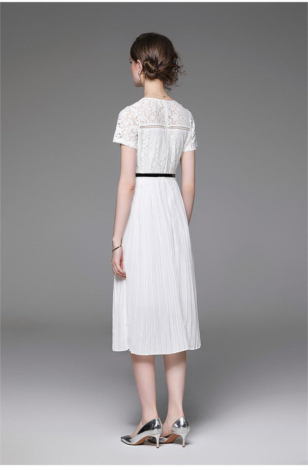 Elegant Crewneck Short Sleeve Lace Patchwork Pleated Dress
