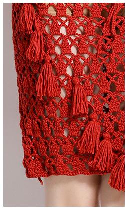 Resort-Style Hollowed Out Tassel V-Neck Strapless Suspender Top and Bag Skirt Two-Piece Set