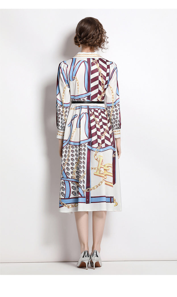 Fashion Vintage Print Dress Lapel Long-Sleeved Temperament Slim MIDI