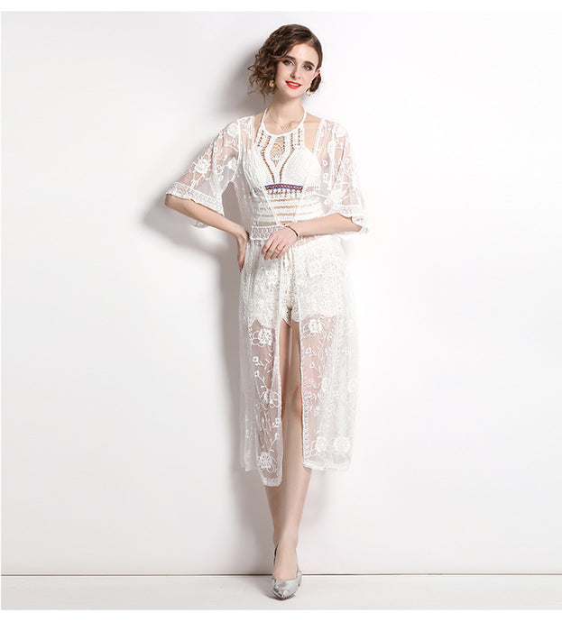 Lace Embroidery Mid-Length Sunscreen Cardigan Three-Piece Vest Set Wide Leg Pants