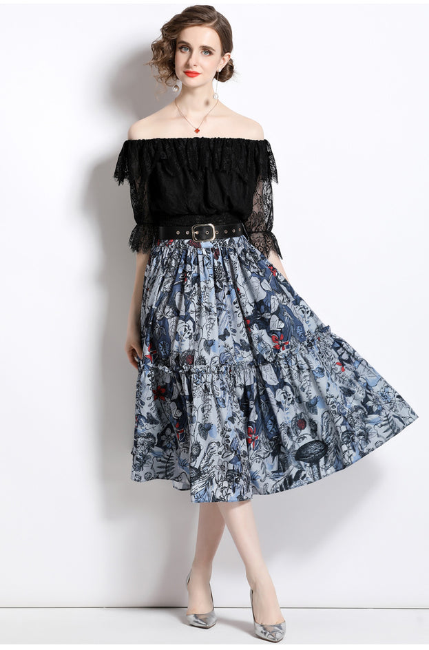 Women's One-Line Neck Lace Top and Vintage Printed Half Skirt Two-Piece Suit