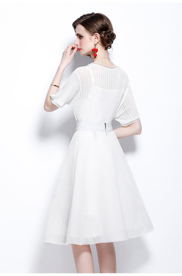 Ice Silk Breathable V-neck Nailed Beaded Knitwear and Hollowed Out Mesh Princess Skirt Two-Piece Set