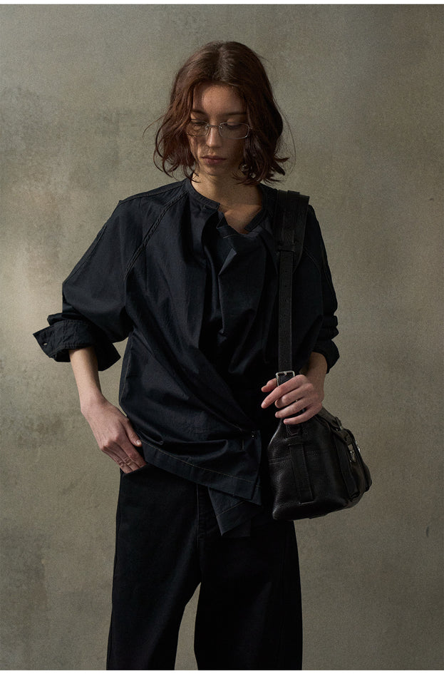 Fashionable and slimming  flat collar and solid color pleats  Women Blouse