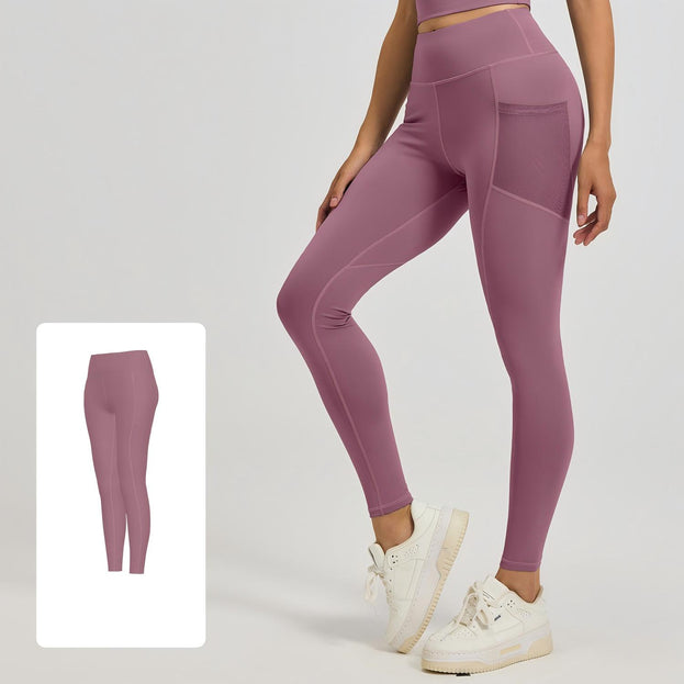 Stretch High-Waist Net Fabric Side-Pocket Yoga Pants