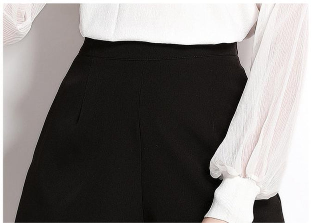 Ruffled Stitching Lantern Sleeves Hollowed Out Crew Neck Knitted to Show Thin Top and Black Shorts