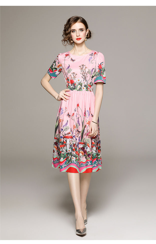 Fashion Garden Style Flower Print Short Sleeve Dress with Lining Cloth