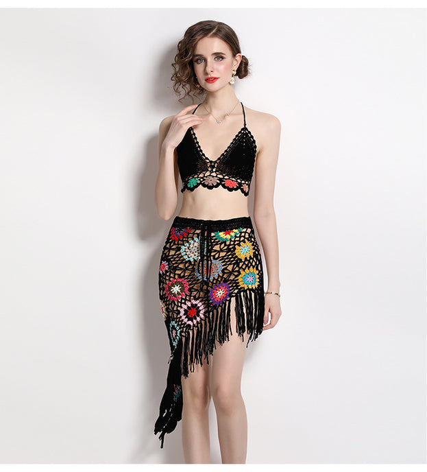 Hand Hook Knitted Hollowed Out V-neck Blazer Top and Irregular Fringed Skirt