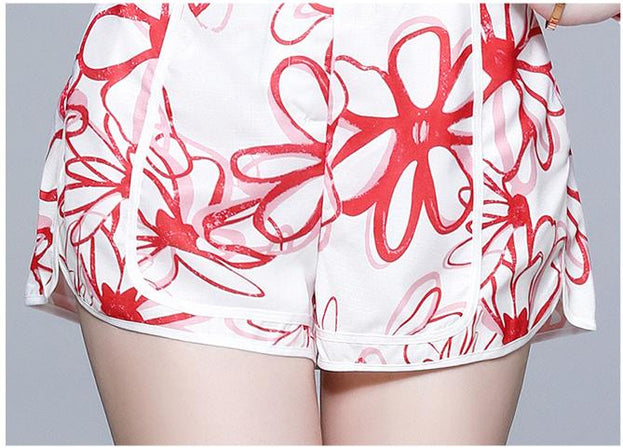 Lapel Chiffon Print Slim Temperament Fashion Shirt and Shorts Suit