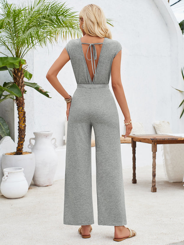 Summer Casual Daily Round-Neck Open-Back Slim-Fitting Short Sleeve Long Jumpsuit for Women