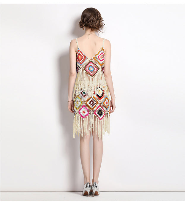 Tassel Knitted Hook Flower Suit Female Suspender Top and Sexy Short Skirt Two-Piece Set
