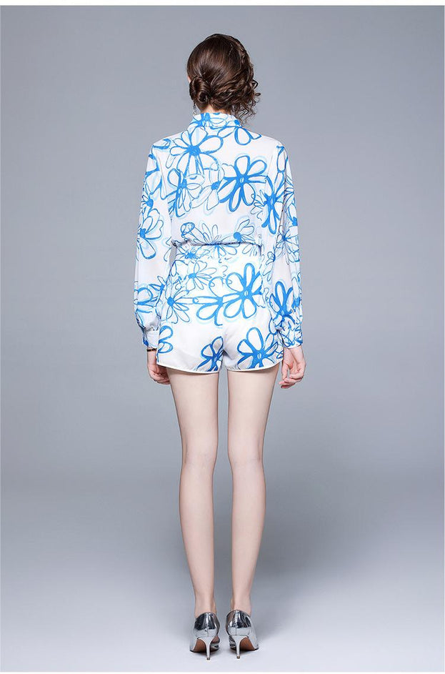 Lapel Chiffon Print Slim Temperament Fashion Shirt and Shorts Suit