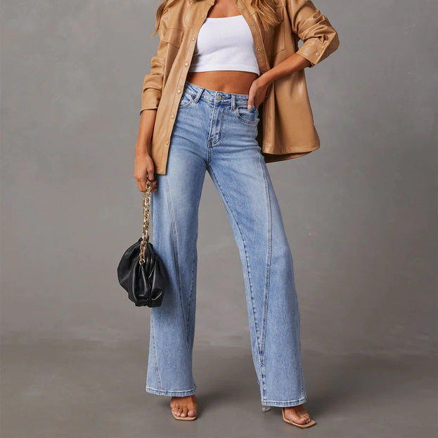 Summer Fashion Casual Low-Waist Patched Wide-Leg Long Denim Pant for Women