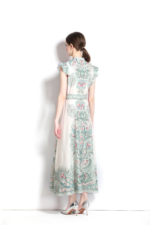 Vintage Fashion Print Dress Single Breasted Large Swing A-Line Skirt