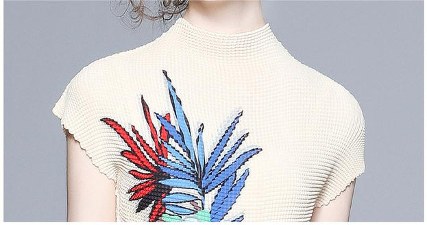 Vintage Print Pleated Short Sleeve Top and Pleated Skirt Fashion Two-Piece Suit