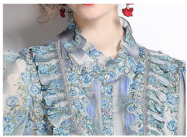 Vintage Printed Stand Collar Long Sleeve Top With Wooden Ear Edge