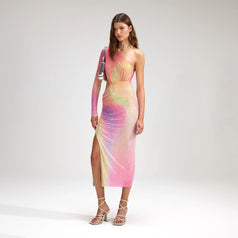 Summer Elegant Colorful Gradient Rhinestone One-Shoulder Cutout Party Dress for Women