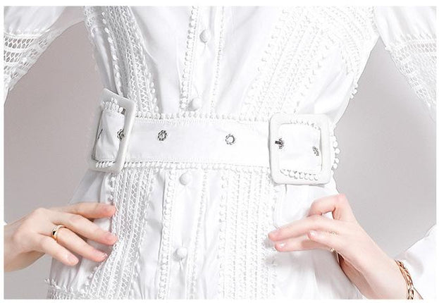 Thin Lace Patchwork Lantern Sleeve White Dress