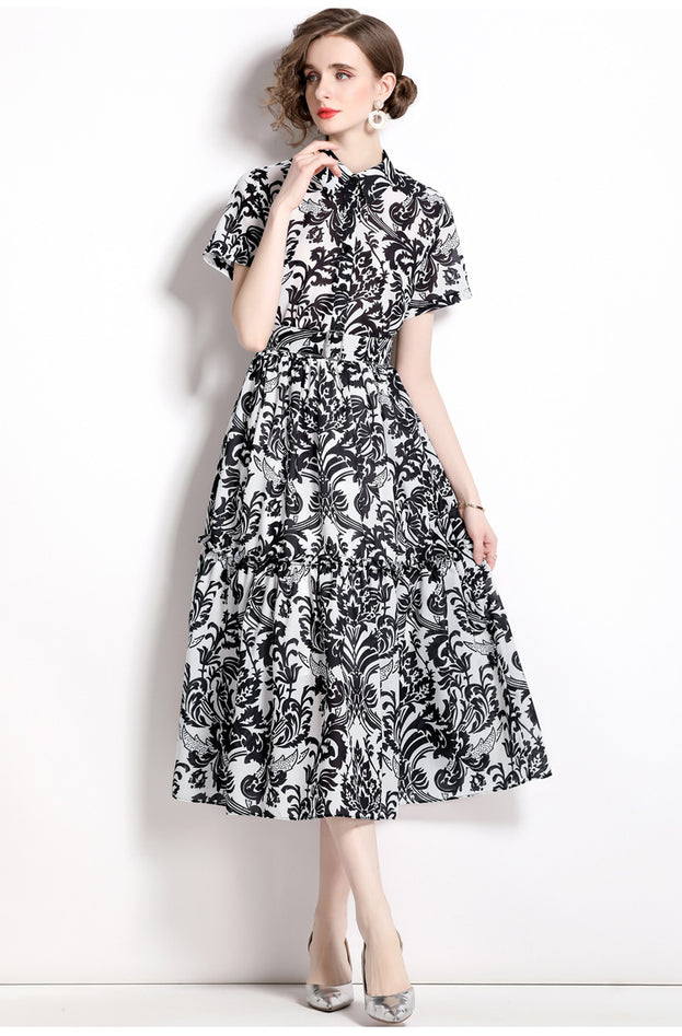 Vintage Print Short Sleeve Large Hem Slim Lapel Maxi Dress