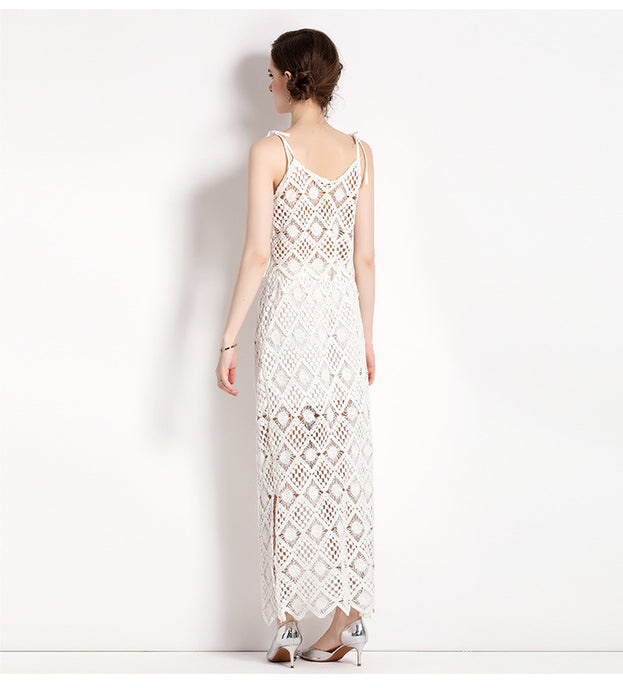 Hook Floral Embroidery Lace Hollowed Out Short Style Suspender and Bag Hip Split Half Dkirt Two-Piece Set