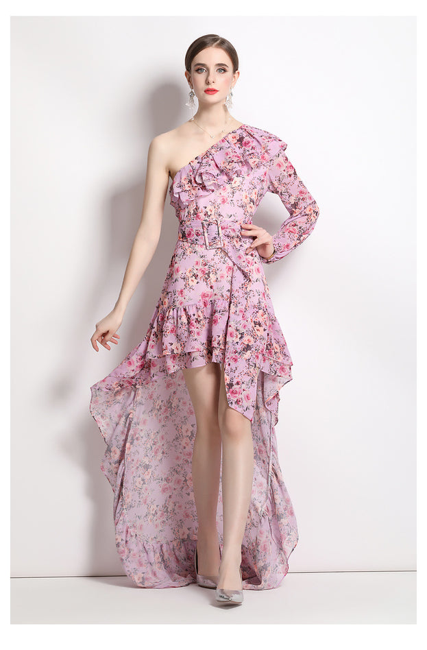 Resort Style Printed Temperament Oblique Shoulder Irregular Long-Sleeved Lotus Leaf Dress