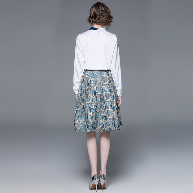 Women's Fashion Applique Embroidery Long-Sleeved Shirt and Mid-Length Skirt Two-Piece Set