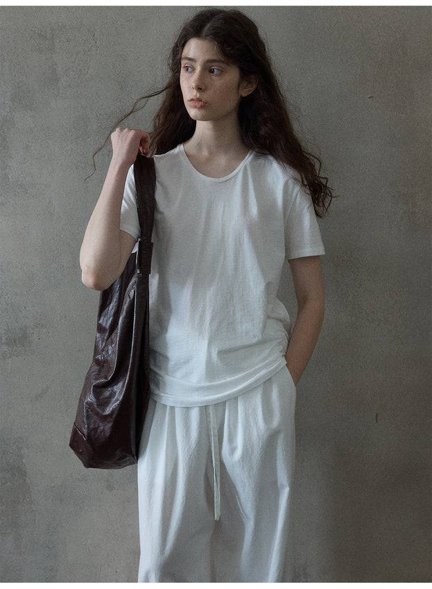 Summer Cotton Round-Neck Short-Sleeved Solid-Color Versatile Commuter Women's Top