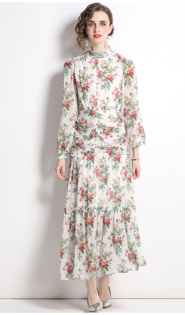 Stand Collar Lantern Long Sleeve Pleated Waist Tucked Large Swing Long Dress Skirt Chiffon Print Dress