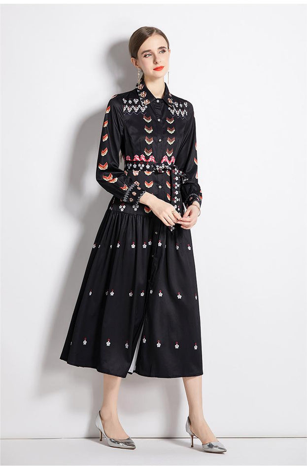 Fashion Print Vintage Lapel Long-Sleeved Slim-Looking Long Skirt Dress