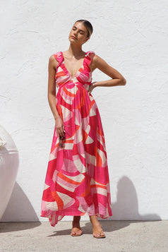 Summer Printed V-Neck Waisted Flowy Holiday-Style Slip Dress for Women