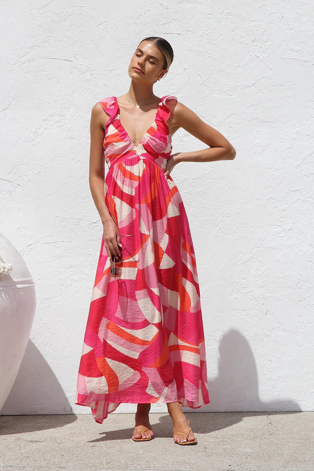 Summer Printed V-Neck Waisted Flowy Holiday-Style Slip Dress for Women