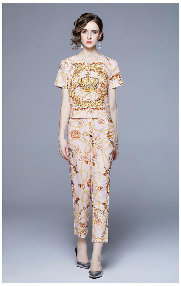 Summer New Short Sleeve T-shirt and High Waist Small Foot Trousers Two-Piece Set