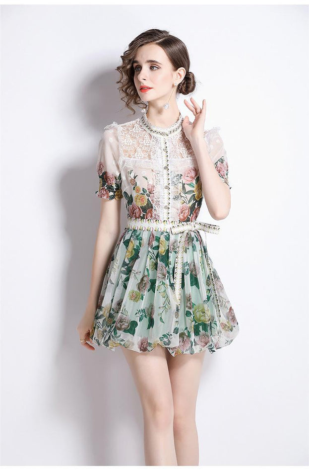 Vintage Lace Short Sleeve Top and Mesh A-Line Printed Half Skirt Suit Skirt