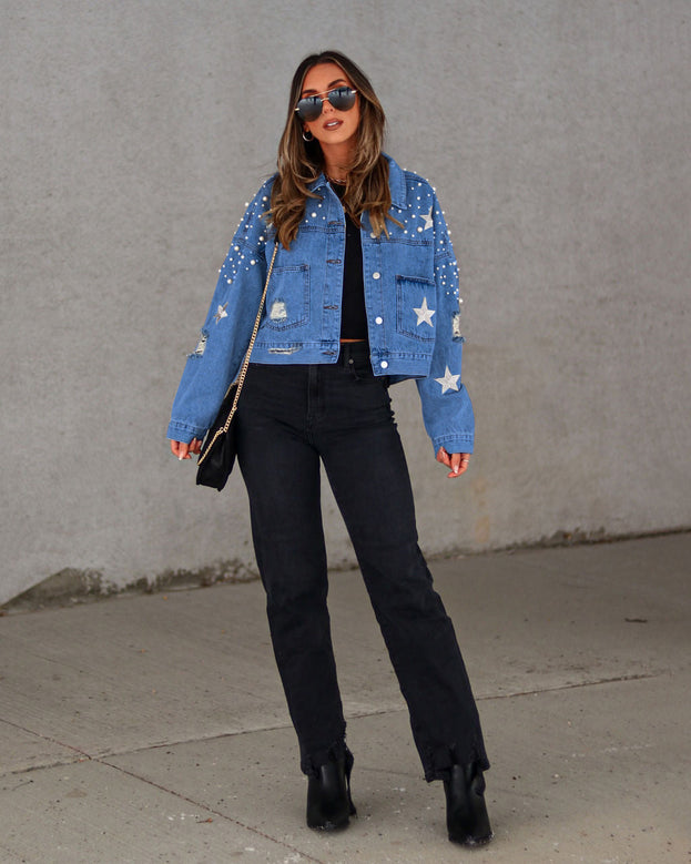 Spring Fashion Casual Loose Heavy Beaded Long Sleeve Denim Jacket for Women