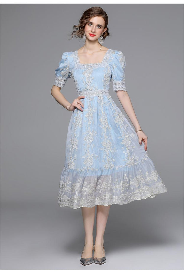 Vintage Embroidered Dress Square Neck Short Sleeve Slim MIDI Waist Tucked in