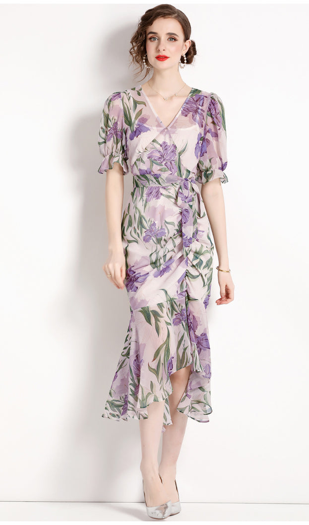 Printed Chiffon Fold Waist Slimming Lantern Sleeve Dress Long Skirt