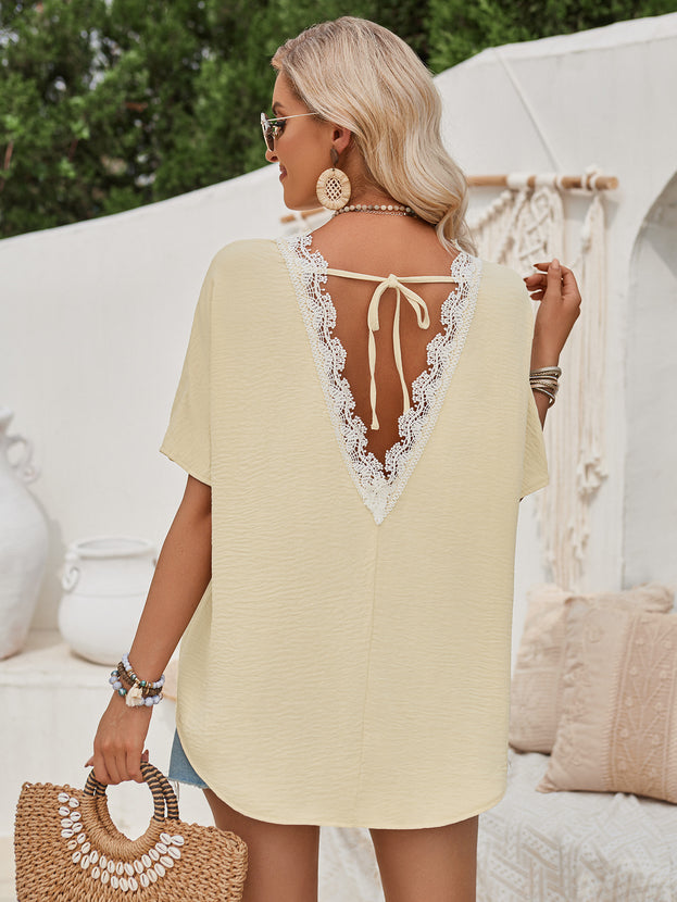 Summer Casual Round-Neck Loose Lace at the Back Short Sleeve Top for Women