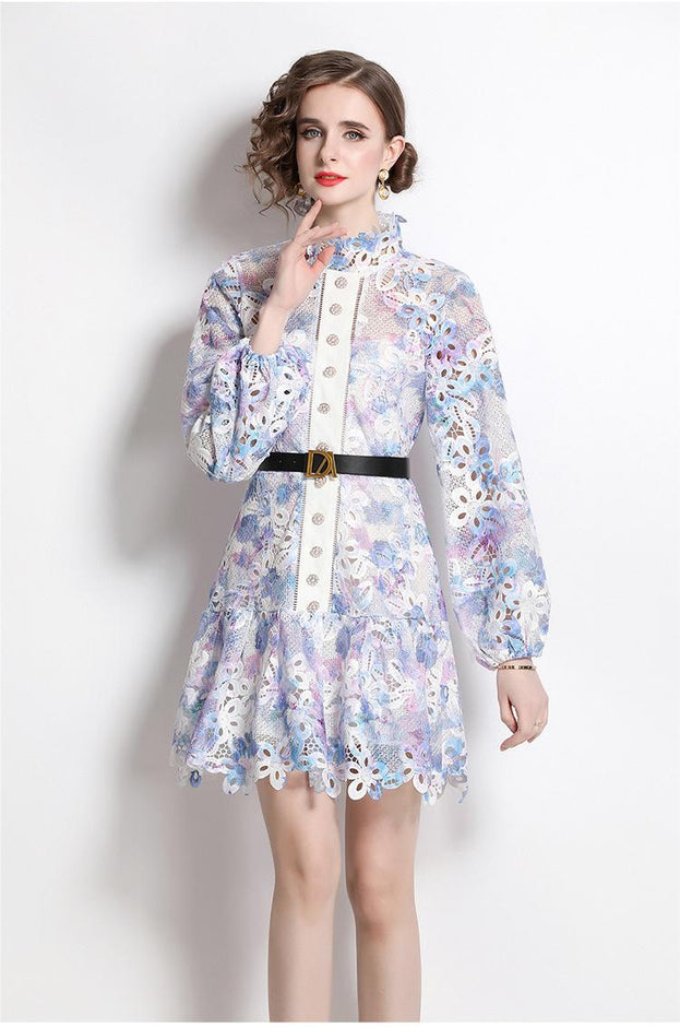 Sweet Print Water-Soluble Hook Flower Hollowed Out Bubble Long-Sleeved Skirt Dress Peplum