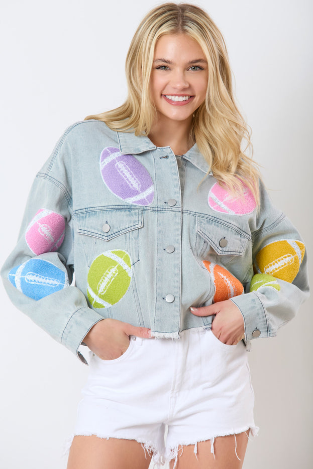 Spring Fashion Polo-Neck Three-Dimensional Printed Long Sleeve Denim Jacket for Women