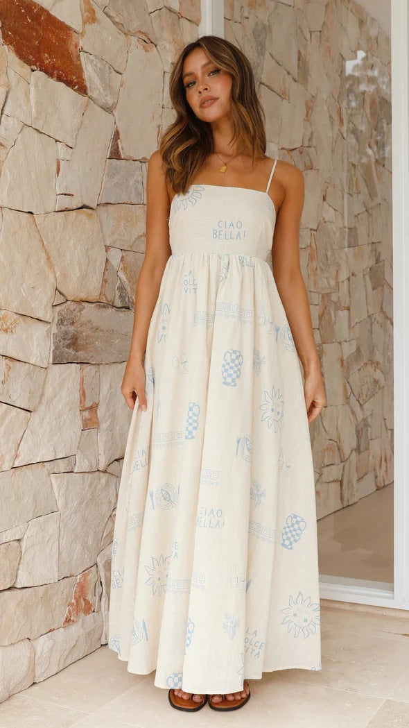 Summer Fashion Casual Cutout Printed Waisted Long Slip Dress for Women