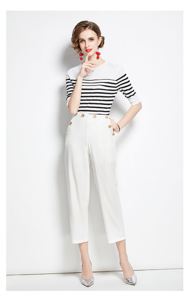 Striped Crew Neck Sweater Top and Solid White Pant Two-Piece Set
