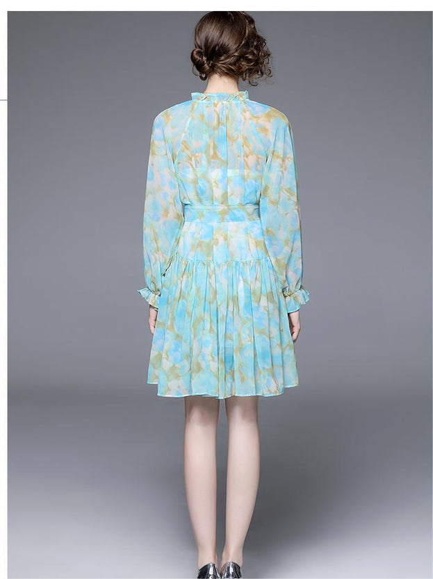 Long-Sleeved Blue Vintage Print Lantern Sleeve Two-Piece Dress with Wooden Ear Trim