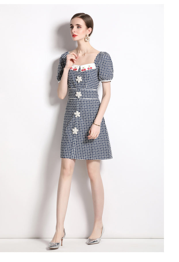 Temperament Fashion Vintage Square Neck Bubble Sleeve Embroidered Denim Skirt Dress