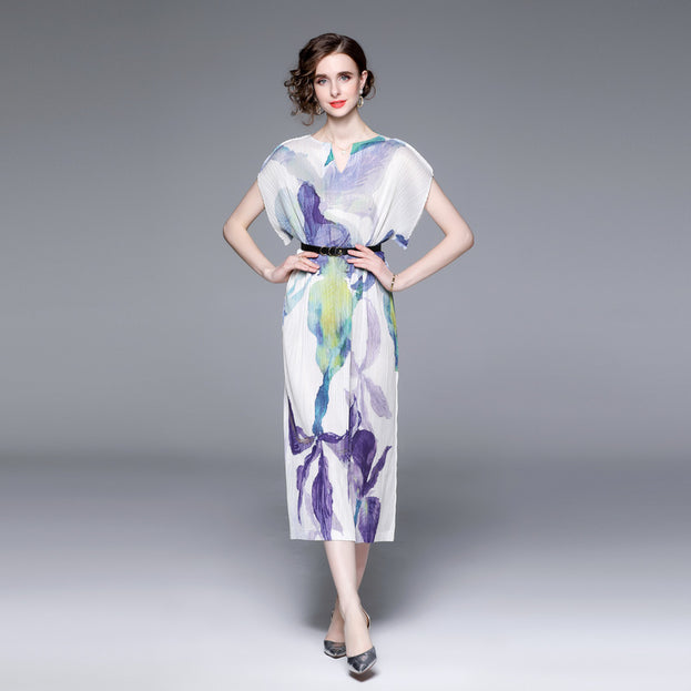 Elegant Temperament V-Neck Printed Pleats Dress