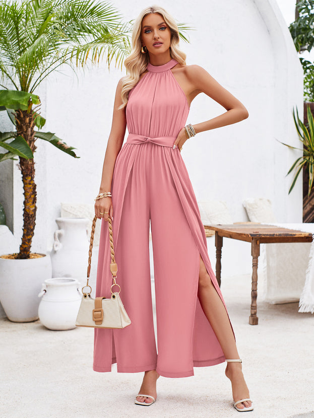 Summer Casual Silt with Waist-Tie Sleeveless Long Jumpsuit for Women