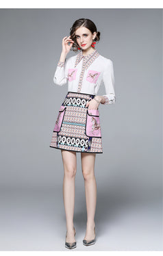 New Women's Retro Printed Long-Sleeved Top Shirt and Short Skirt Two-Piece Suit