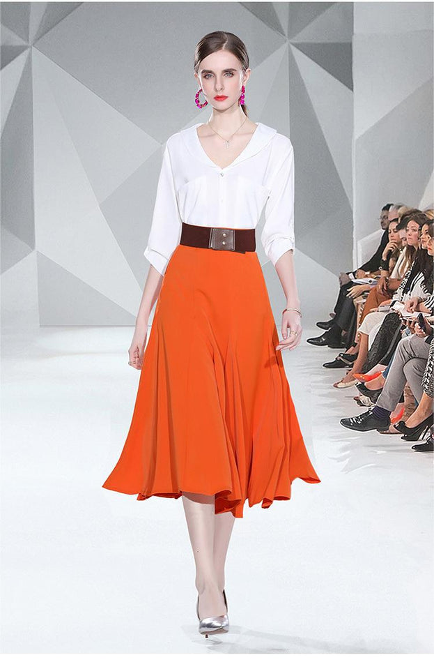 Small Fresh White Shirt and Orange Patchwork Skirt Two-piece Set