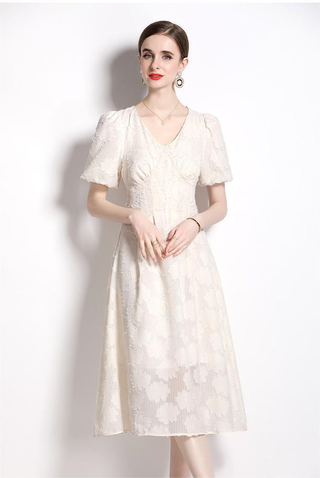 Temperament Jacquard V-Neck Slim Slimming Skirt Dress with Bubble Sleeves