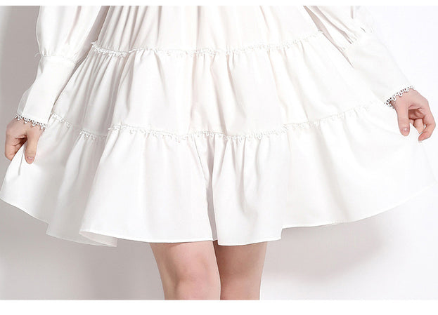 Fashion Temperament Stand-Up Collar Lantern Sleeve Hollowed Out Flower High Waist Celebrity Dress